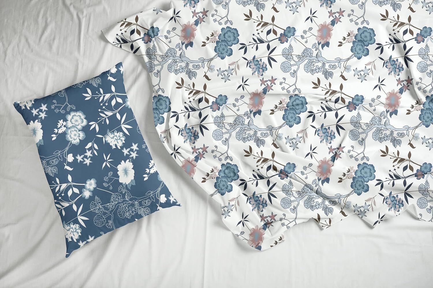 Printed Cotton King Size Bedsheet With 2 Pillow Covers | 104 X 104 Inches, Dusty Blue & White | Durability, Breathability, Softness, & Easy Maintenance