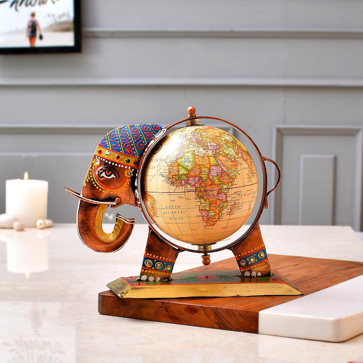 Home & Office Decorative Globe Metal Elephant Table Top Showpiece Globe, Home Decor & Gift For Living Room, Bedroom, Showcase, Office Desk, Pack Of 1
