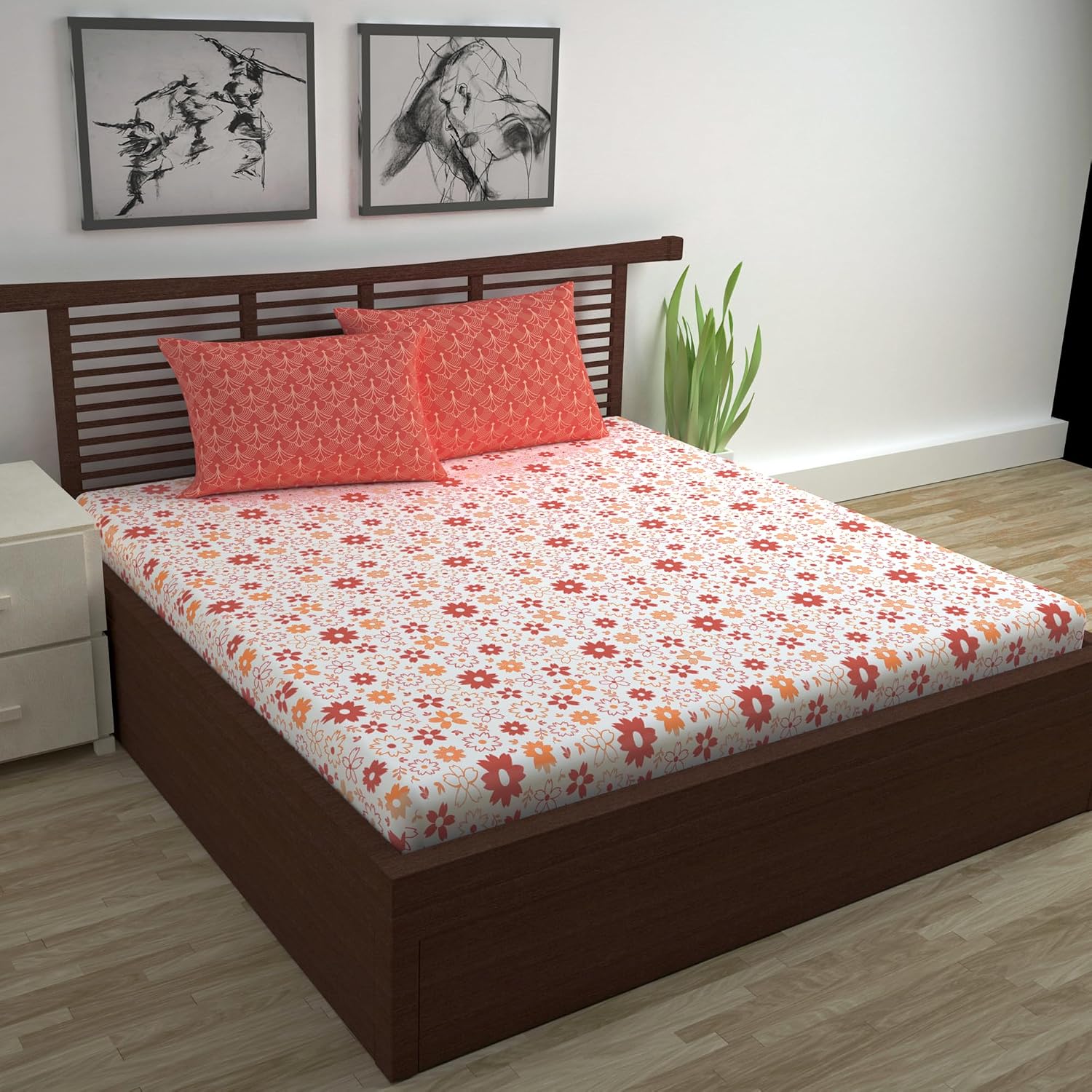 Soft Cotton Double Bedsheet With 2 Pillow Covers | 87 X 100 Inches, Rust & White - Soft & Breathable Fabric | Comfortable For Daily Use