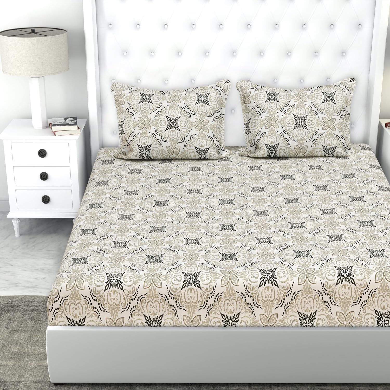 Double Bedsheet 1 Comforter 2 Pillow Covers - 90 X 100 Inches, Grey & White, 4 Pcs Bedding Set | Cotton Summer Ac Comforter Set King Size Double Bed