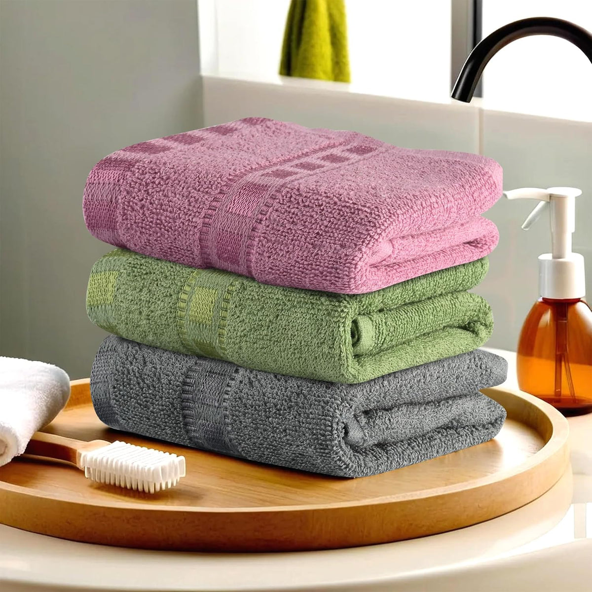 Urbane Home Cotton Hand/Face Towels 600 Gsm | Easily Washable Workout Gym Napkins For Men - Grey-Green & Pink (Pack Of 3)