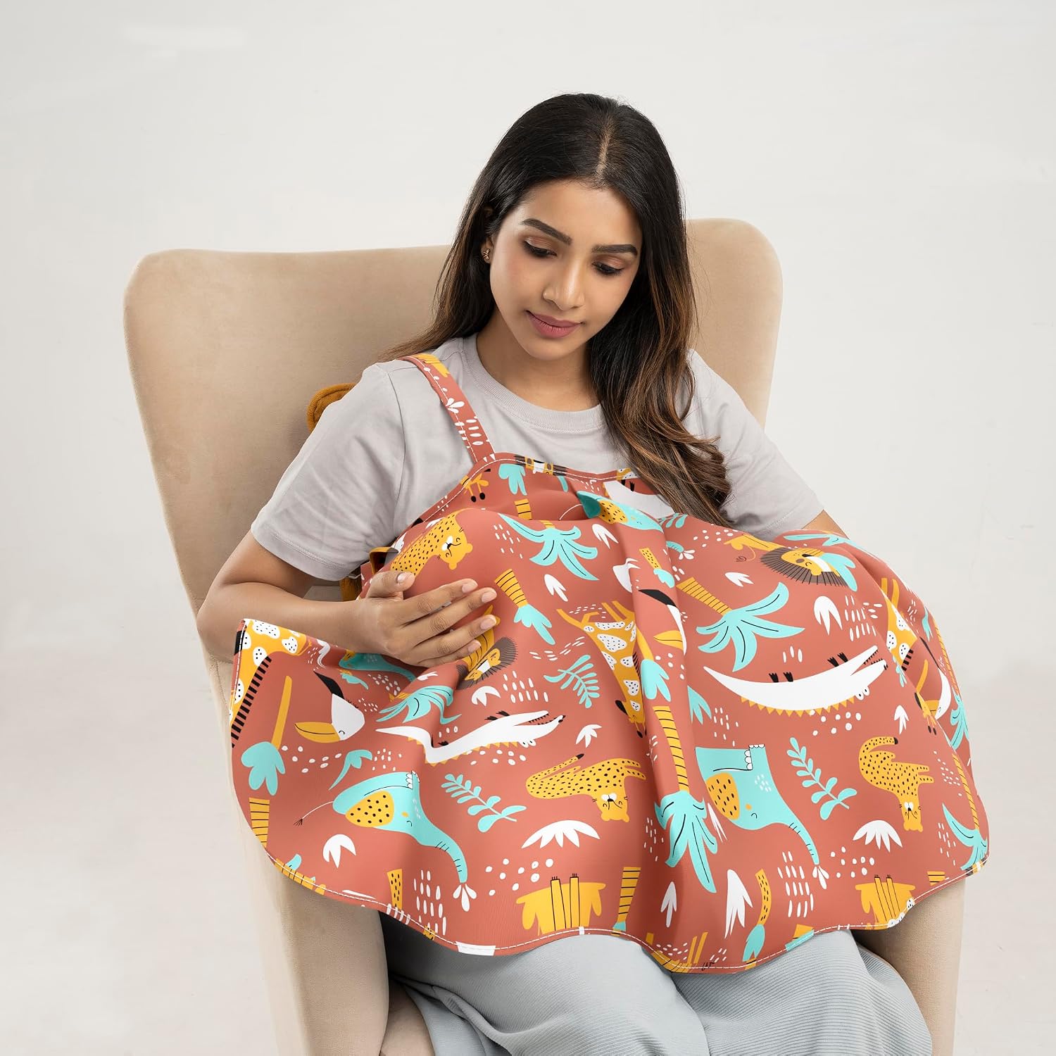 Nursing Pillow, With Cape For Breastfeeding & Baby Care, Feeding Pillow, Brown | Jungle Zoo Printed, 5 In 1 Multipurpose Use, 100% Cotton Removable Cover | Super Soft & Machine Washable