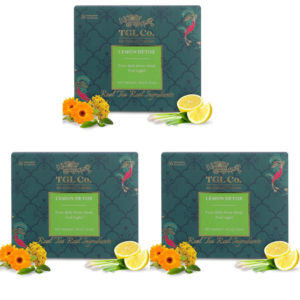 TGL Co. Lemon Detox Green Tea - Pack Of 3 X 16 Pyramid Tea Bags | Anti Inflammatory Properties, Keeps Hydrated - Medium Caffeine, Rich In Taste