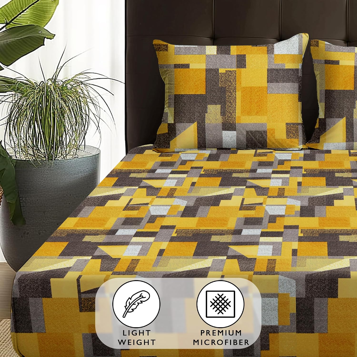 Double Bedsheet With 2 Pillow Covers - Queen Size 88 X 98 Inches, Mustard & Grey | Perfect For Home Decor & Gifting | 4 Pcs Bedding Set