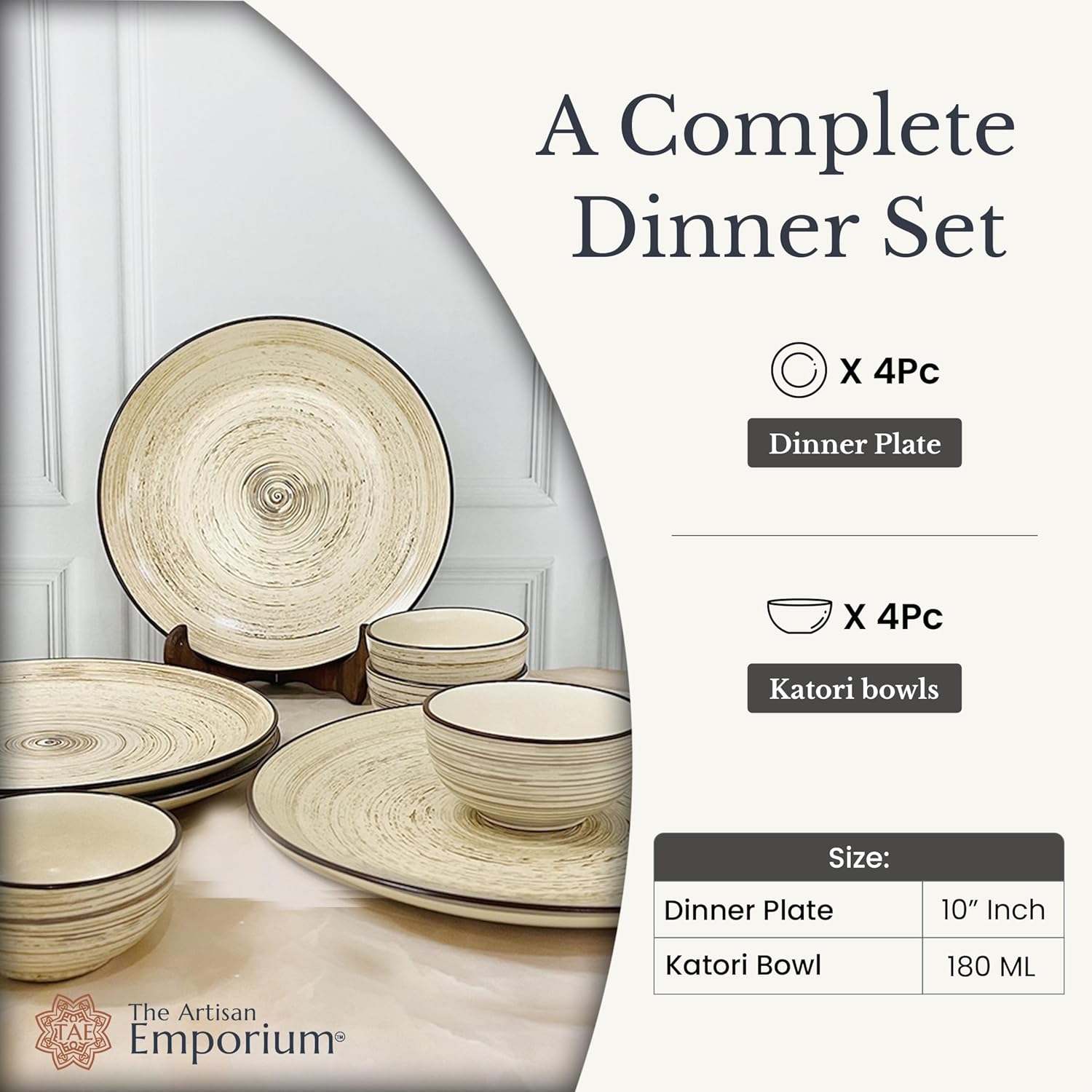 Iris Beige Handcrafted Ceramic Dinner Set - 8 Pieces | 4 Dinner Plates + 4 Katori Bowls, 180ml Each Dinnerware Set | Serving For 4, Microwave Safe & Dishwasher Safe