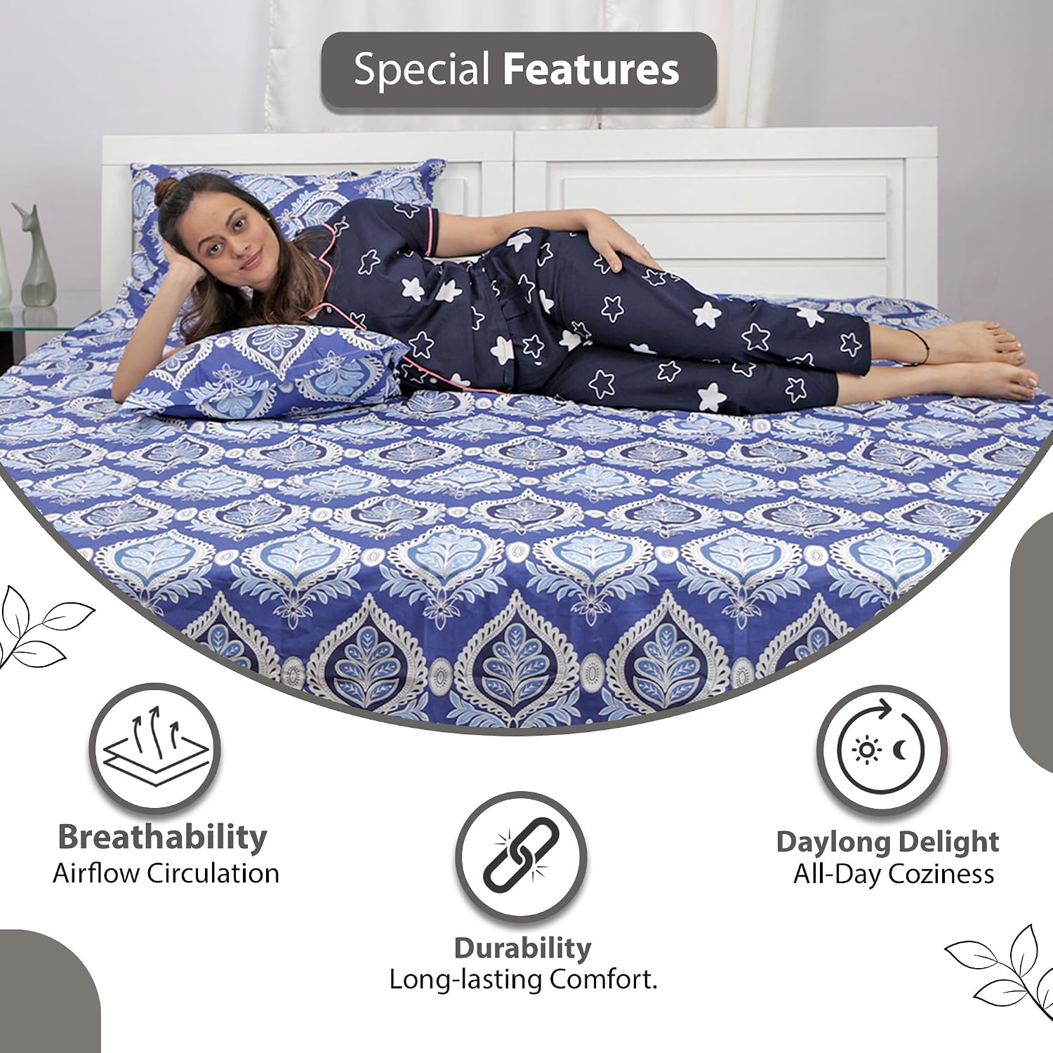 100% Cotton Double Bedsheet With 2 Pillow Cover - 87 X 100 Inches, Blue | Lightweight, Soft, Skin Friendly - Durable Bedsheets For Everyday Comfort