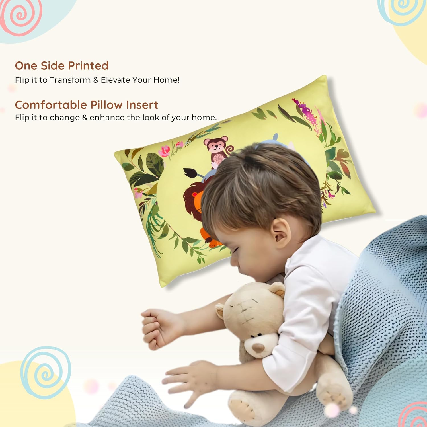 Cotton Baby Pillow With Super Soft Imported Fabric, 1 Month To 5 Year Kids Pillows - 12 X 18 Inch | Animal & Cartoon Prints, Kid Pillow For Sleep, Bed Set, Head Shaping, Neck Support