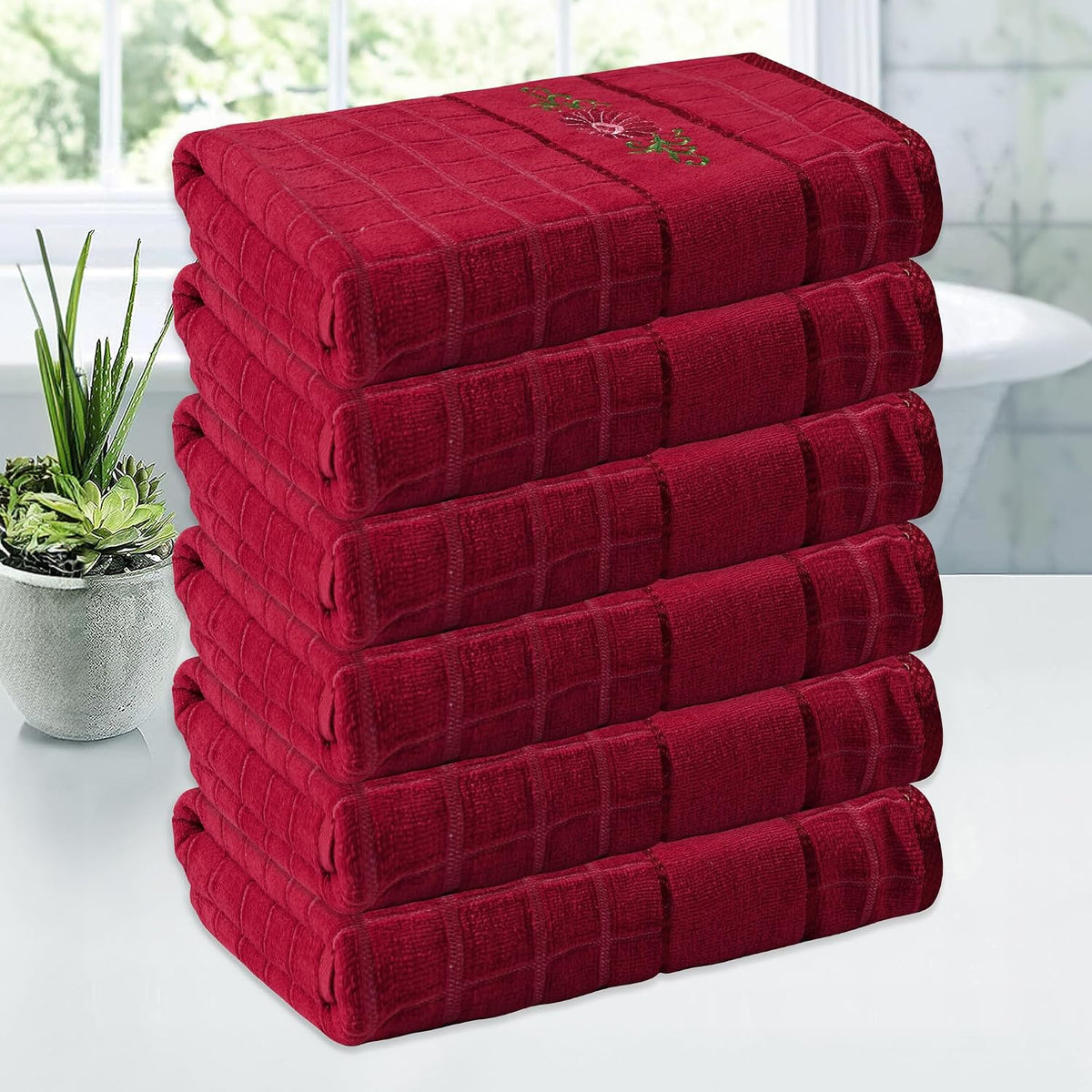 Kuber Industries Rectangle Super Absorbent Bath Towel 3000 Gsm | Soft & Comfortable Swimming & Bathing Towels | Gold Flower (Red)- Pack Of 6
