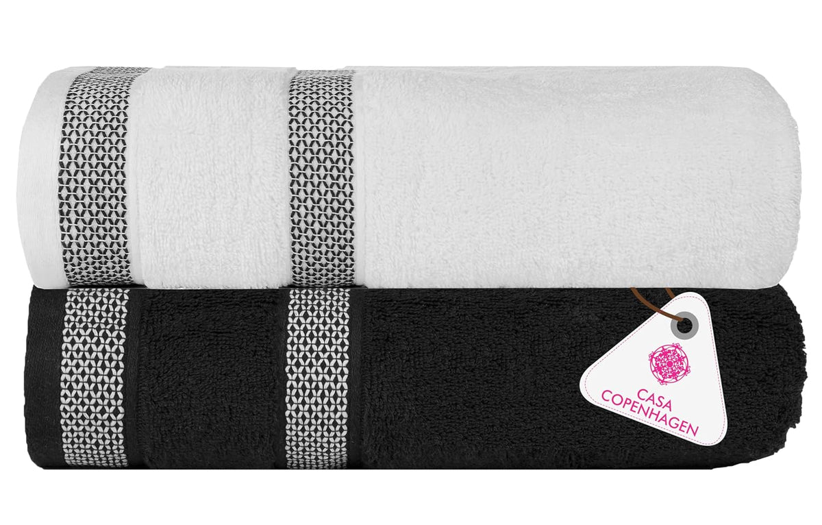 Casa Copenhagen Designed In Denmark Solitaire Super Soft 2 Pieces 100% Cotton Large Bath Towel 525 Gsm - Black & White
