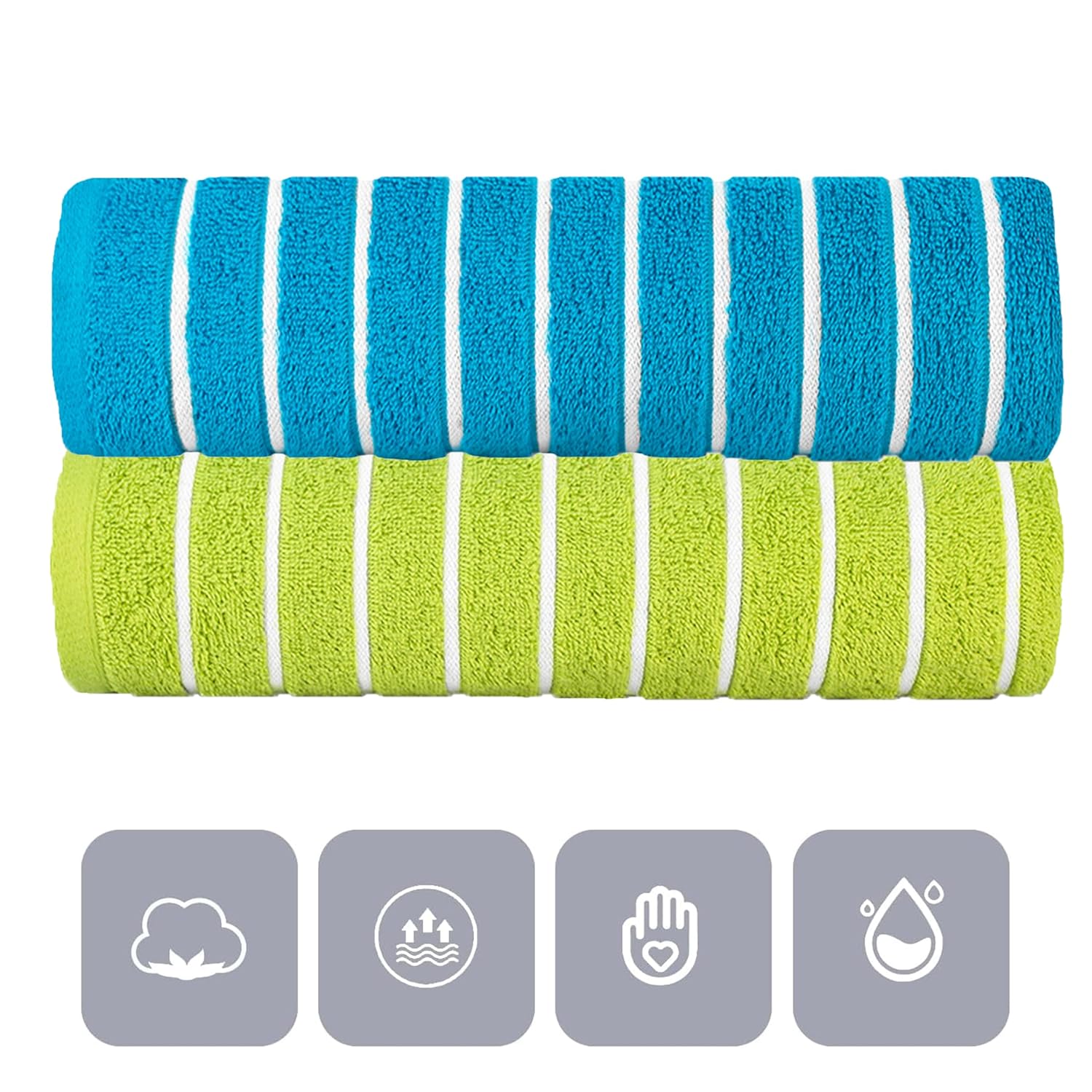 Casa Copenhagen Designed In Denmark Estatic Super Soft 2 Pieces 100% Cotton Large Bath Towel - Teal Blue & Lime Green