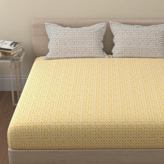 Cotton Bedsheet For King Size With 2 Pillow Covers - 108 X 108 Inches, Yellow & Grey | Soft & Comfortable Feel To Your Skin