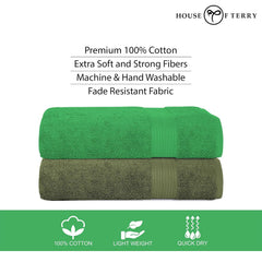 House Of Terry 100% Cotton Bath Towel 1000 Gsm | Quick Dry, Soft & Absorbent, Fade-Resistant, Skin-Friendly Large Size Towel (Spring Green & Olive Green) - Pack Of 2
