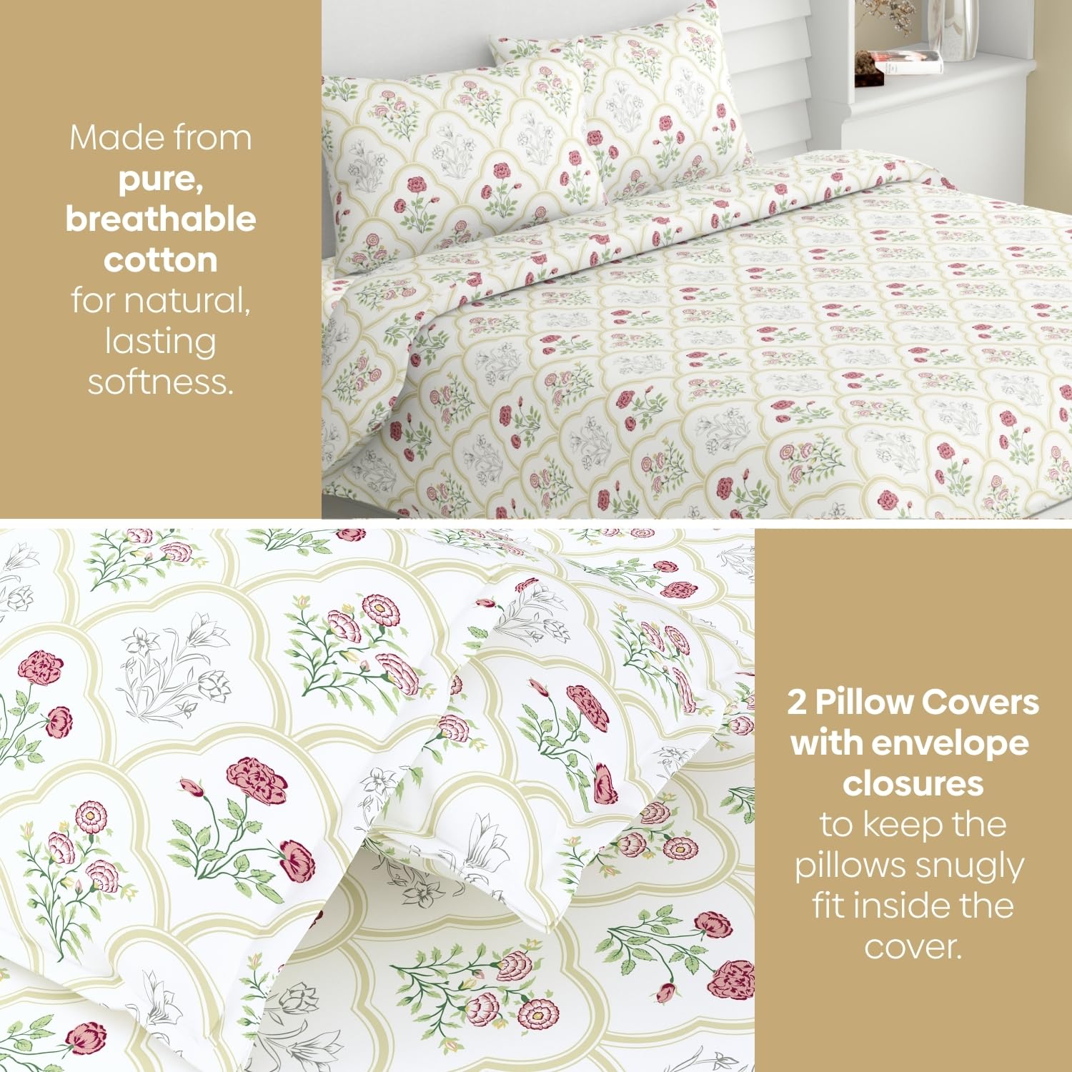 King Size Bedsheet With 2 Pillow Covers - 108 X 108 Inches, White & Green | Breathable Softness & Durability | Shrink?Resistant & Fade?Resistant