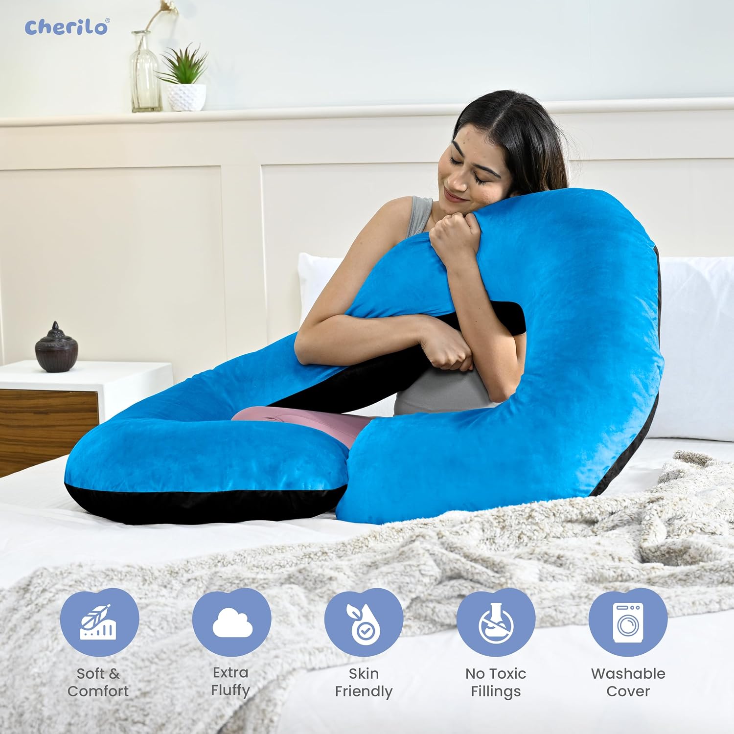 C Shaped Pregnancy Pillow For Maternity & Baby Nursing, Black & Sky Blue | Full Body Support, Abdomen, Hip, Spine, Neck & Head Support Cushion | Premium Velvet Outer Cover With Zip, Comfy