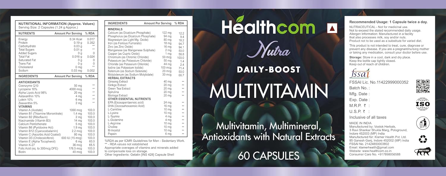 Healthcom Nutra Multivitamin & Minerals Supplement For Men & Women, Iron, Vitamin A, B5, B6, C, D, E & K & Multiminerals | Immunity, Hair, Skin, & Bone Support | 60 Capsules 100gm 0.2lbs