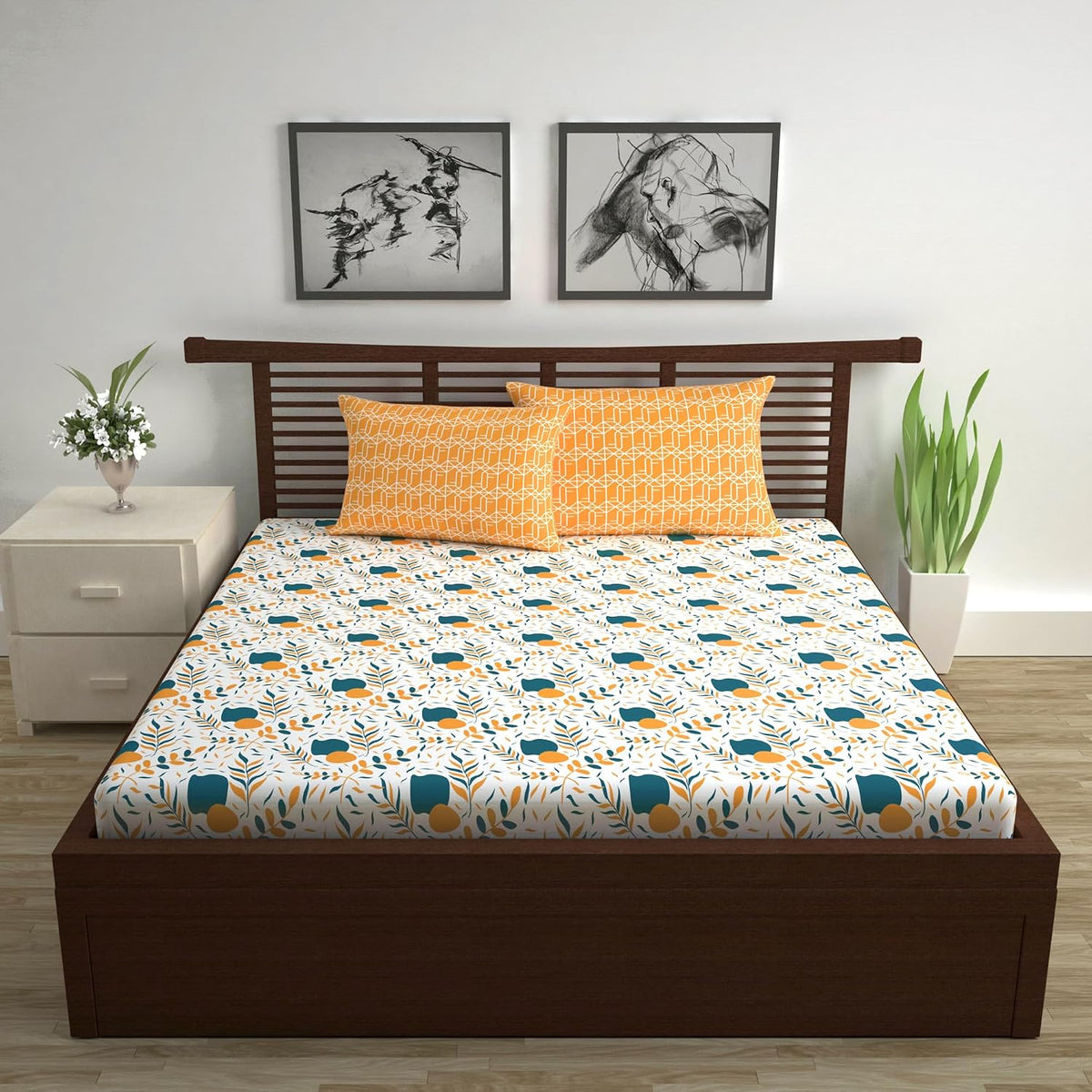Soft Cotton Double Bedsheet For Queen Size With 2 Pillow Covers | 87 X 100 Inches, Mustard & White - Soft & Breathable Fabric | Comfortable For Daily Use