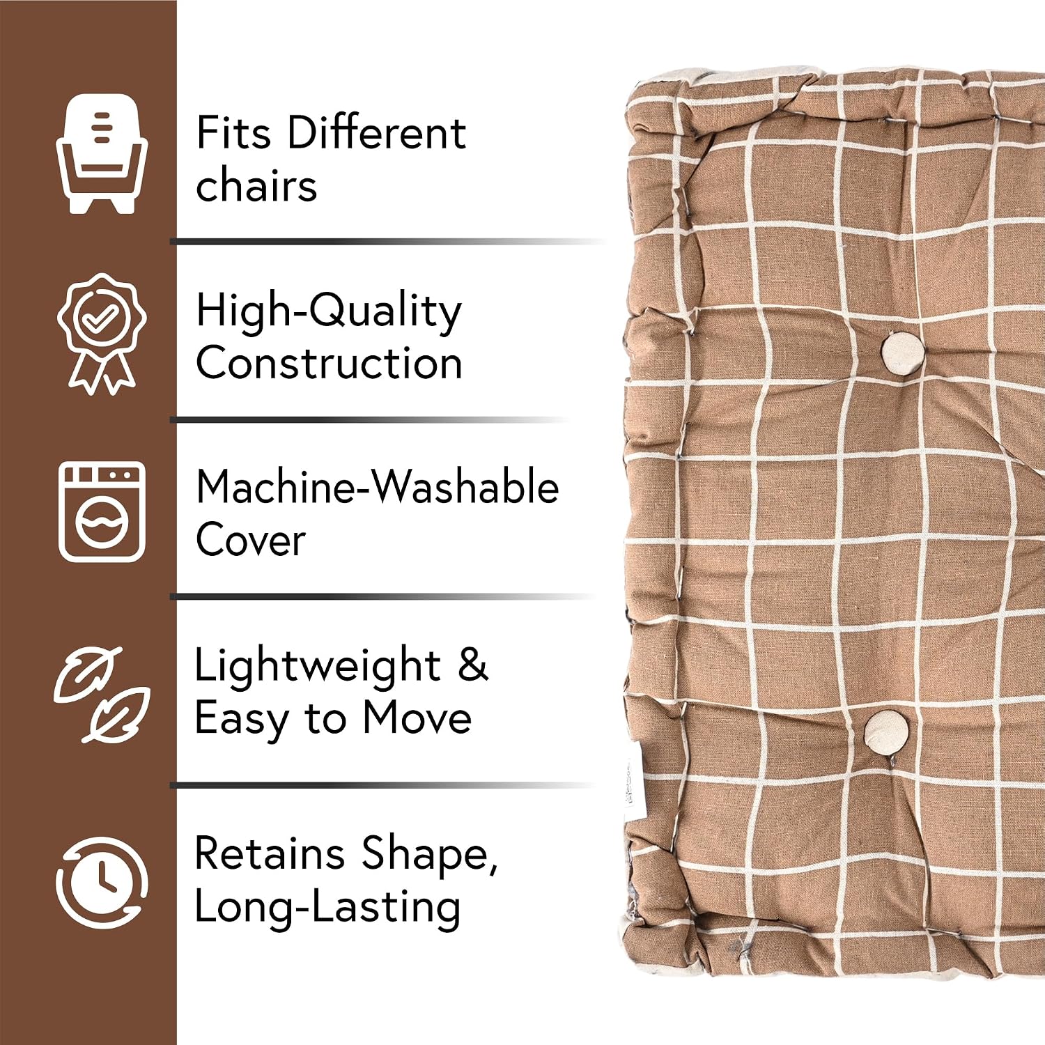 Soft & Comfortable Cotton Chair Cushion Pillow For Sitting, Check Print - Brown | Pillow For Office Work & Posture Support | Sitting Cushion & Back Rest For Chair, Pain Relief - Pack Of 3