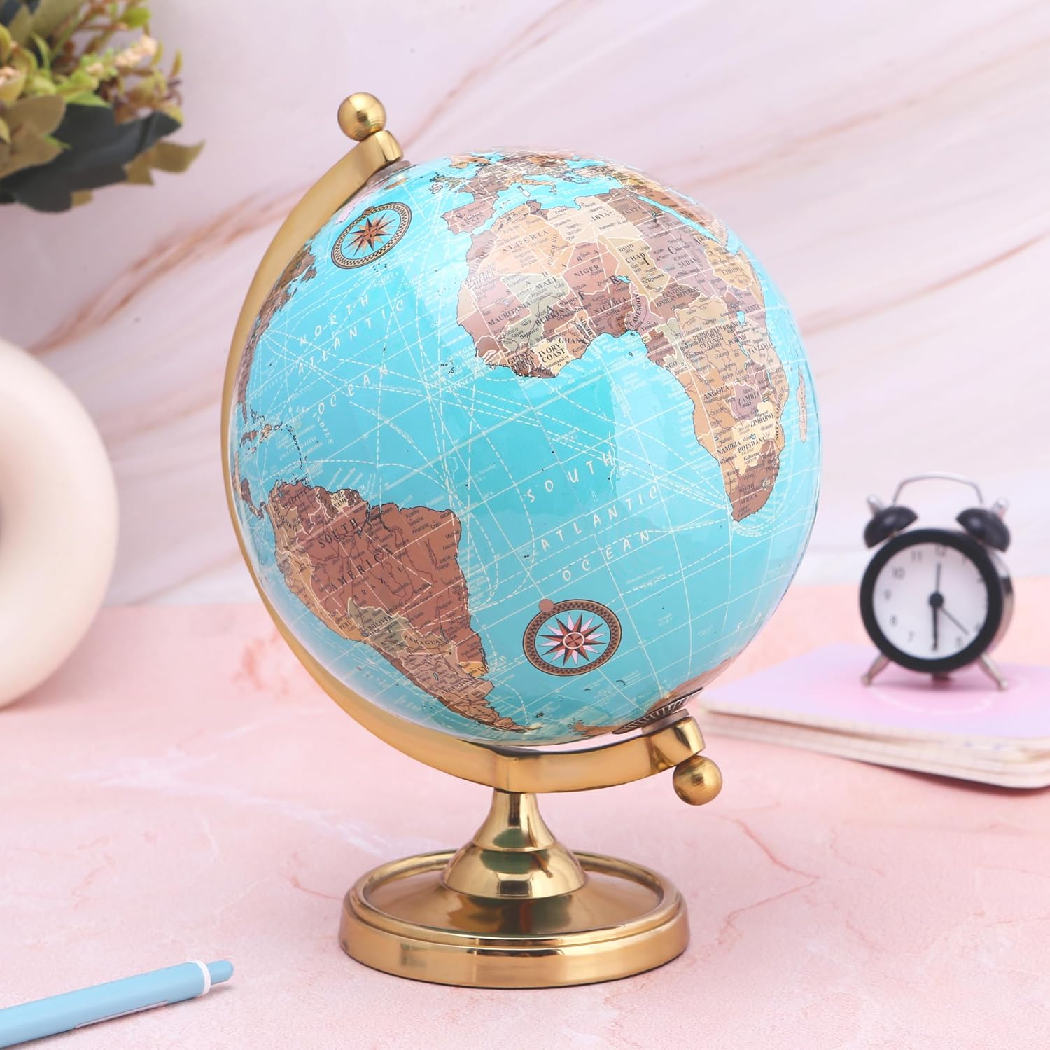 Earth Light Blue Rotating 6 Inch World Globe With Gold Stand For Bookcase Shelf Decorative Home, Desk Sturdy, Office Decor, Pack Of 1