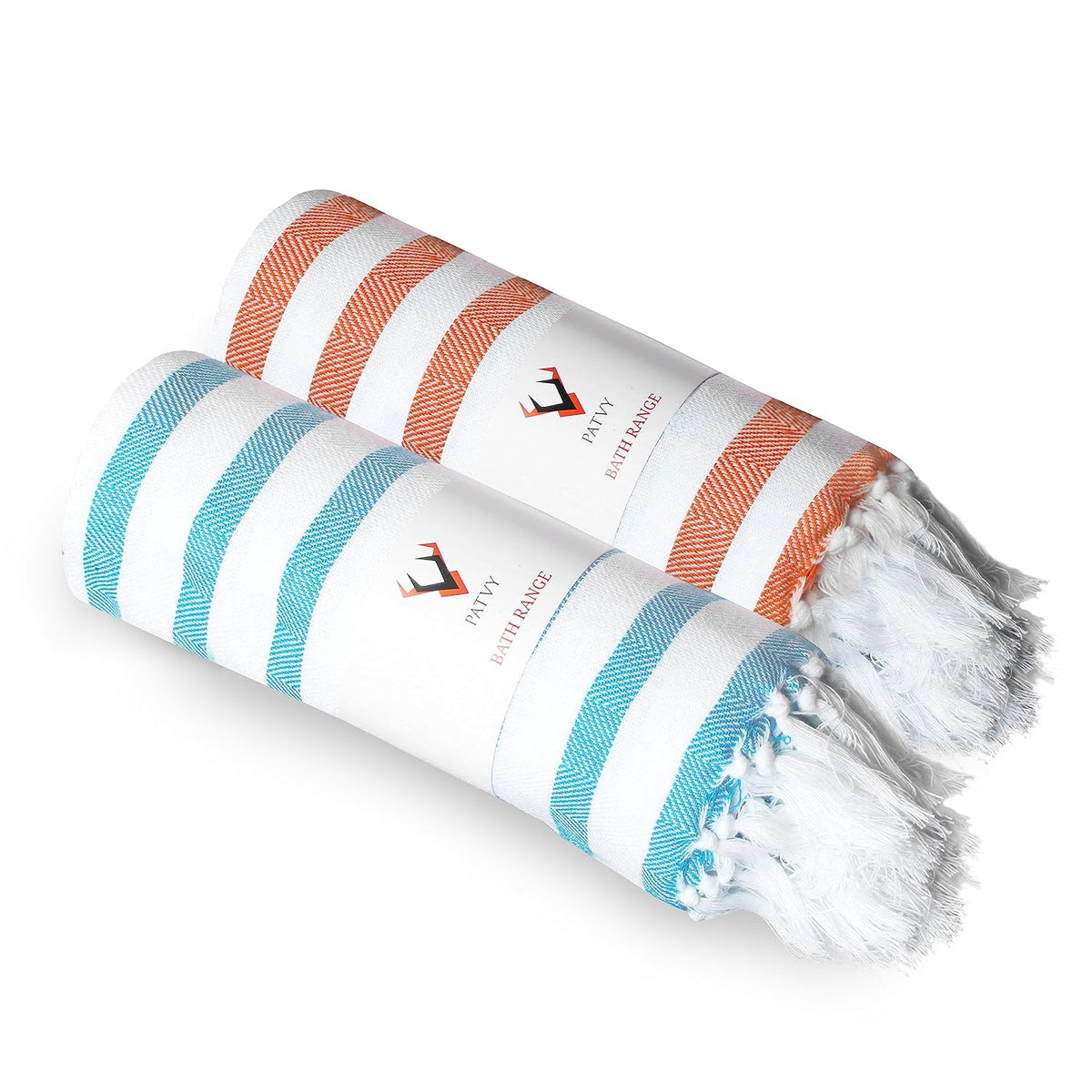 Patvy Bath Towels 490 Gsm | Light Weight Turkish Style Stripe Bath Towels For Men & Women Large Size (Teal Blue & Orange)- Pack Of 2