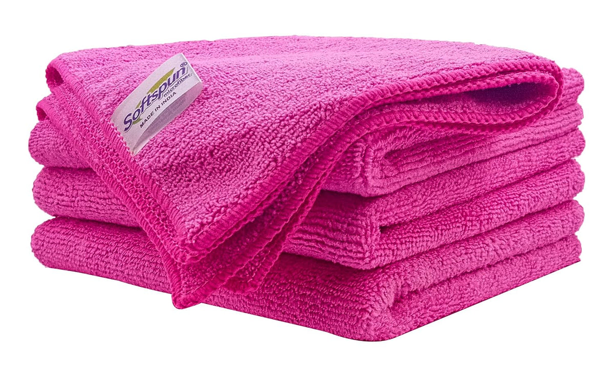 Softspun Microfiber Cloth 340 Gsm | Super Soft Absorbent Cleaning Towels Cleans & Polishes Everything In Your Home - Pack Of 4 (Pink)