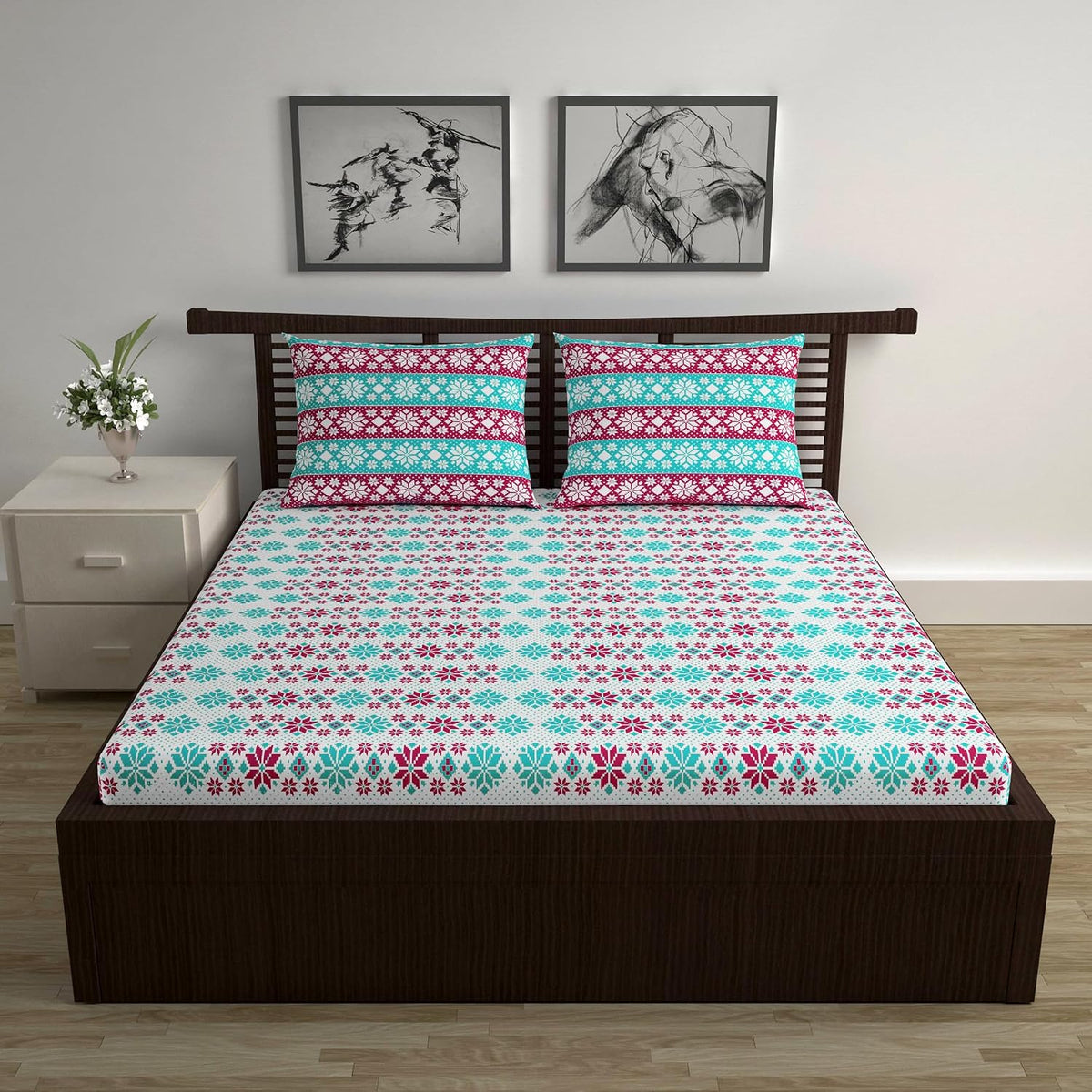 Cotton Double Bedsheet With 2 Pillow Covers | 87 X 100 Inches, Aqua & Red - Soft & Breathable Fabric | Comfortable For Daily Use