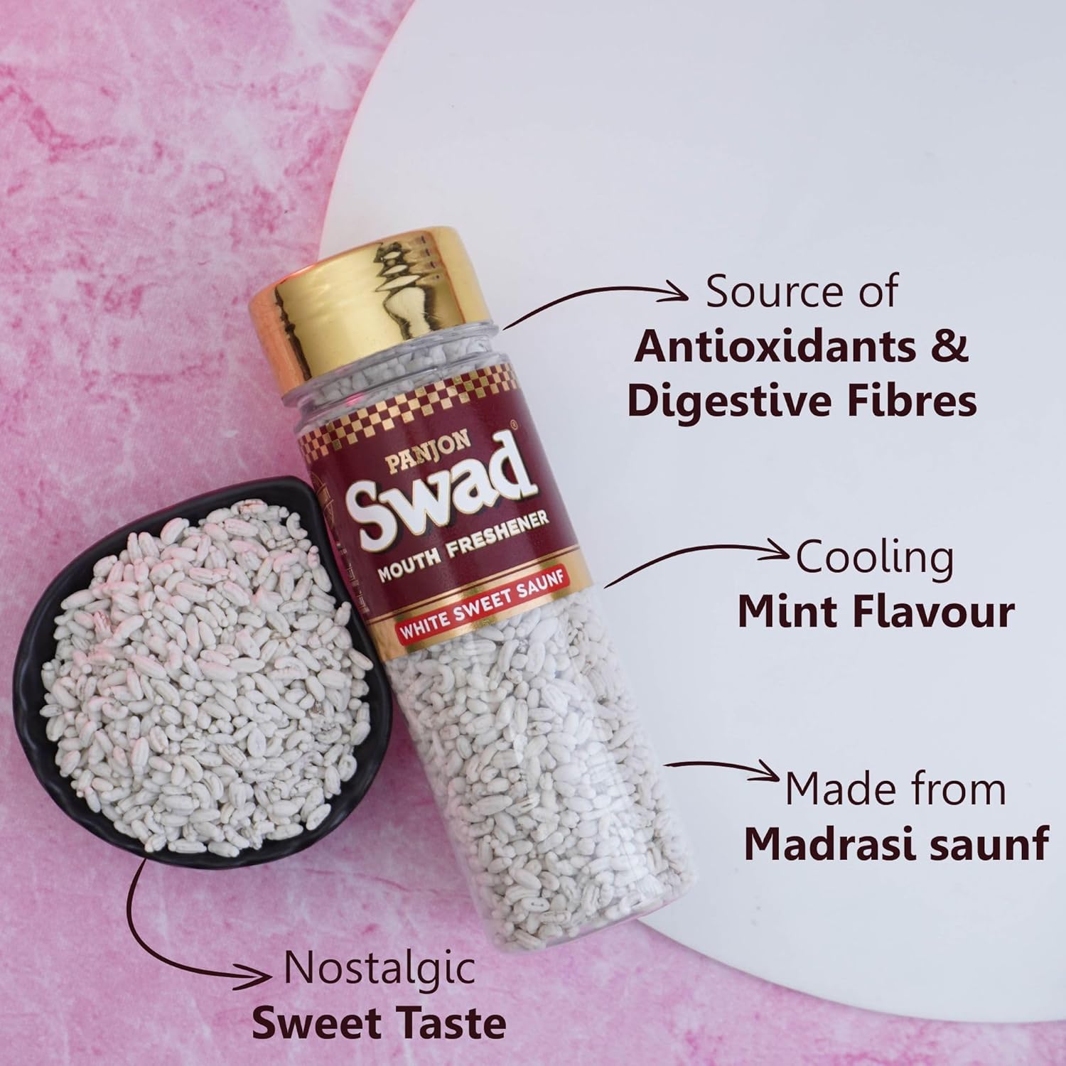 Panjon Swad White Sweet Saunf Mukhwas 120 Grams | Jar Pack