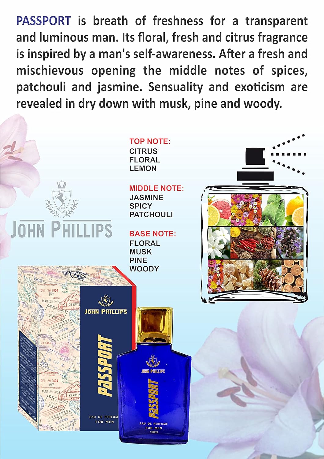 John Phillips Passport Eau De Parfum 100ml 3.4 Fl.oz. & Phantom No Gas Deodrant 150ml 5 Fl.oz. | Gift Set For Men