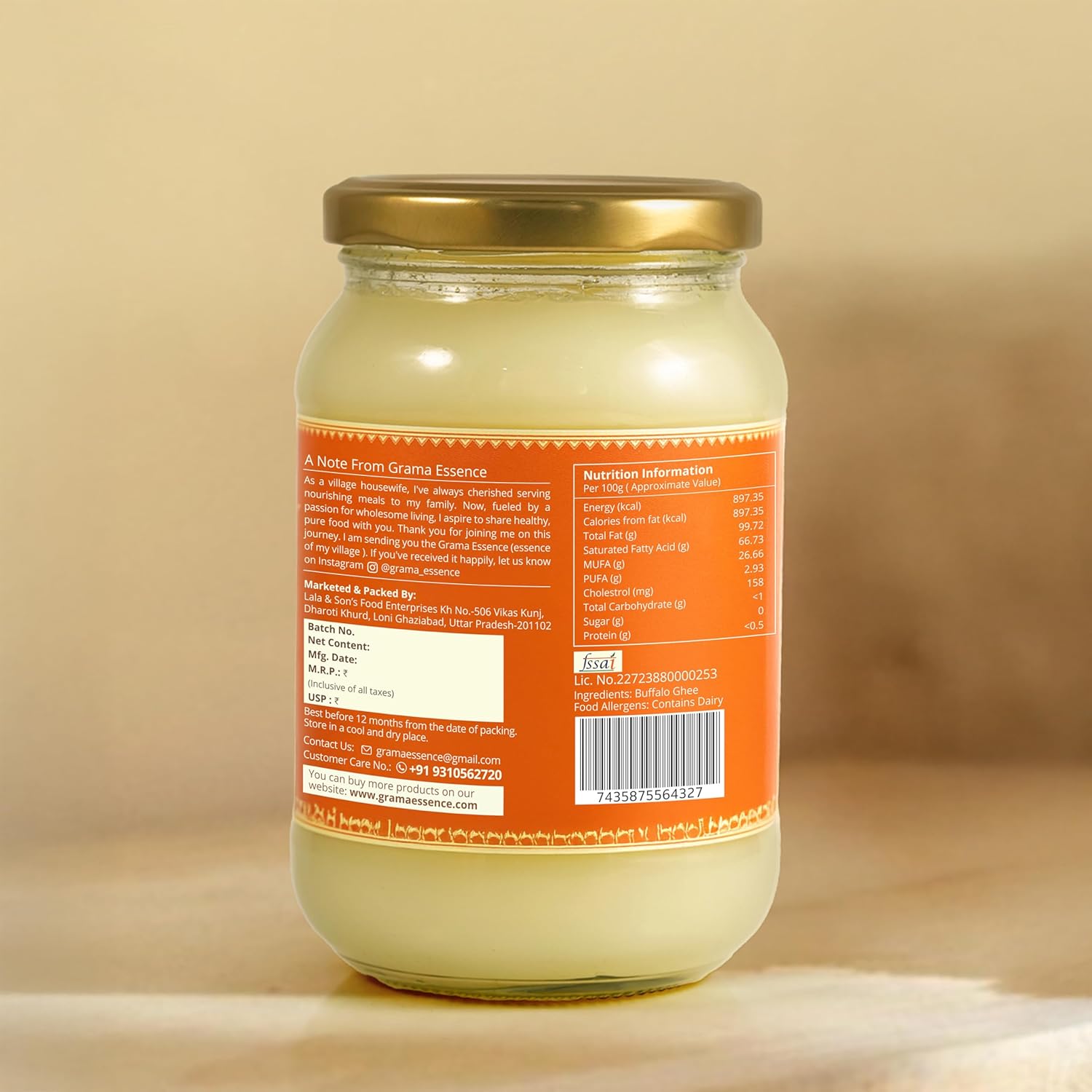 Organic A2 Buffalo Desi Ghee By Grama Essence | Rich In Nutrients Traditional Bilona Method Healthy Desi Ghee For Bones Health | (500ml) 16.9 Ounce | Jar Pack