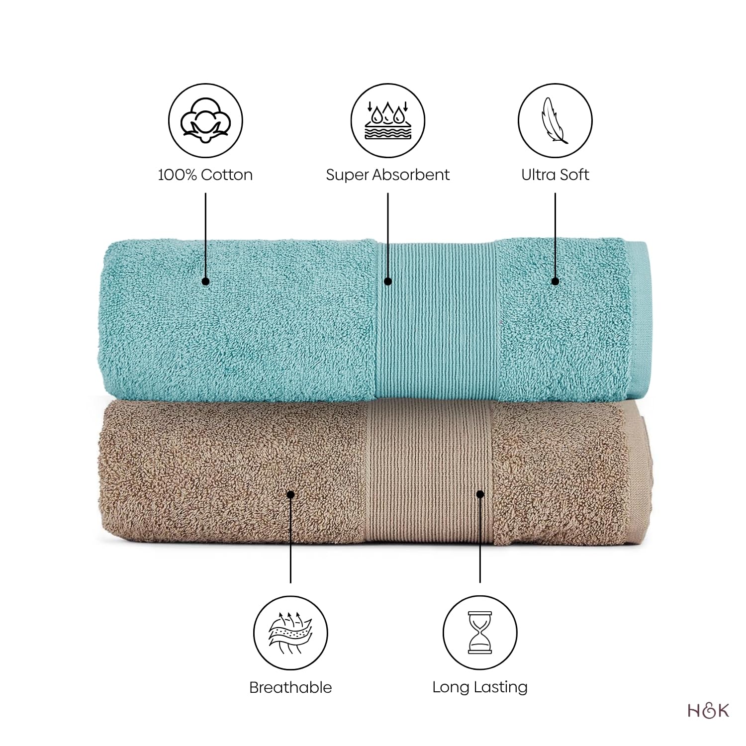 Haus & Kinder Harmony Combed Bath 1800 Gsm | Ultra Soft, Super Absorbent 100% Cotton Towels For Bathroom, Gym, Travel, Sports & Yoga | Blue & Taupe (Pack Of 6)