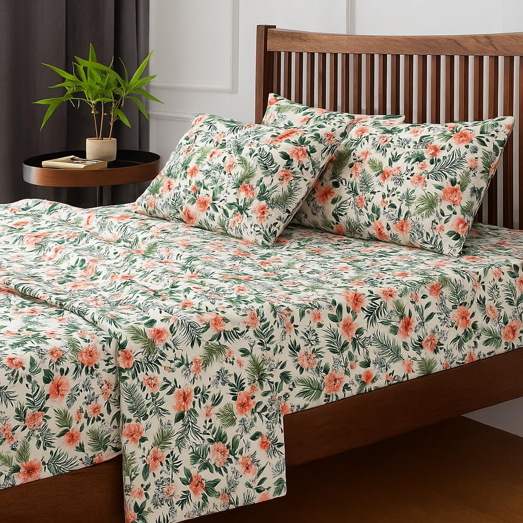 Printed King Size Bedsheet With 2 Pillow Cover - 108 X 108 Inches, White & Green | Hotel Luxury Bedding Wrinkle Free | Ultra Durable & Easy Care