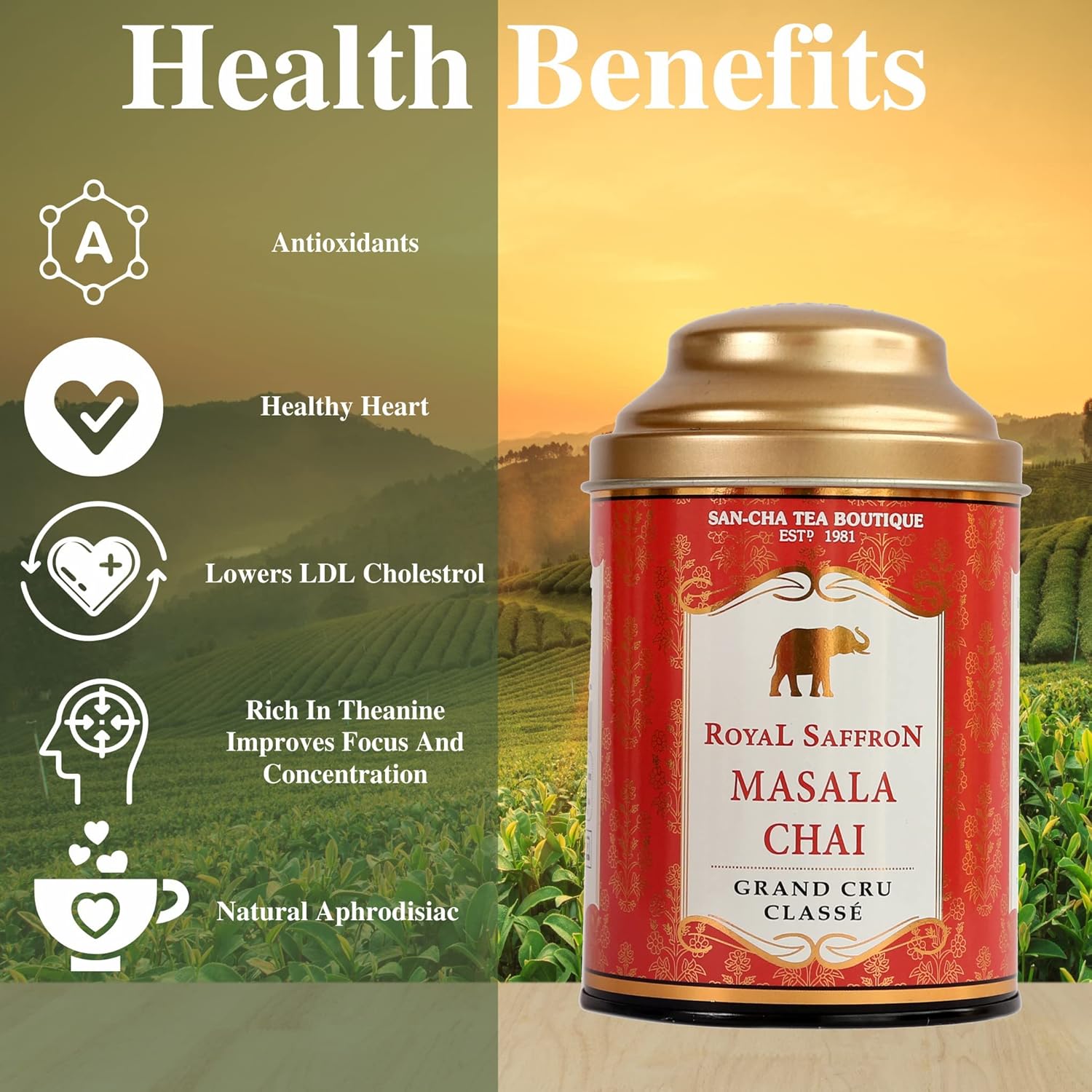 San-Cha Tea Boutique Royal Saffron Masala Chai - 100gm, 3.5 Ounce | Blend Of Real Kashmir Saffron With Cardamom - Ginger & Cinnamon Kesar Chai | Medium Caffeine