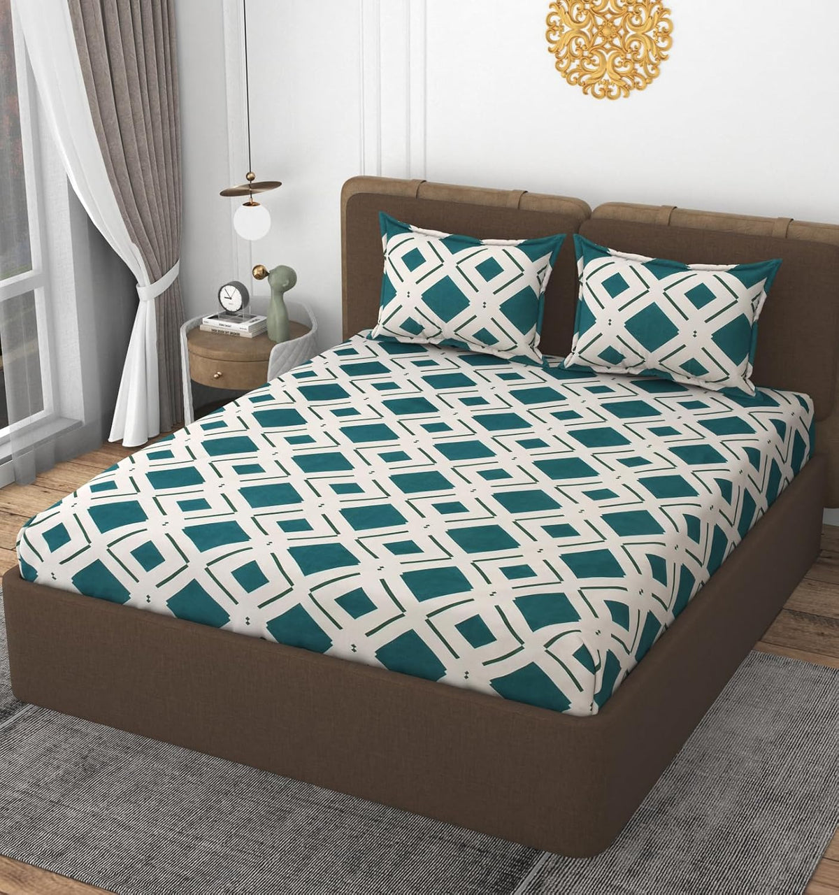 Double Bedsheet With 2 Pillow Covers Size 72 X 72 X 10 Inches, Cream & Green | Cotton Feel All Around Elastic Fitted - Queen Size Bedsheets, Super Soft