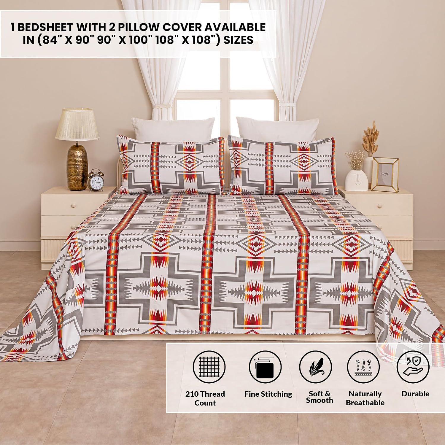 Cotton Flat Bedsheet For Queen Size Bed With Two Pillow Covers - 90 X 100 Inches, Grey & Red | Practical & Durable Choice For Everyday Use Bedsheet