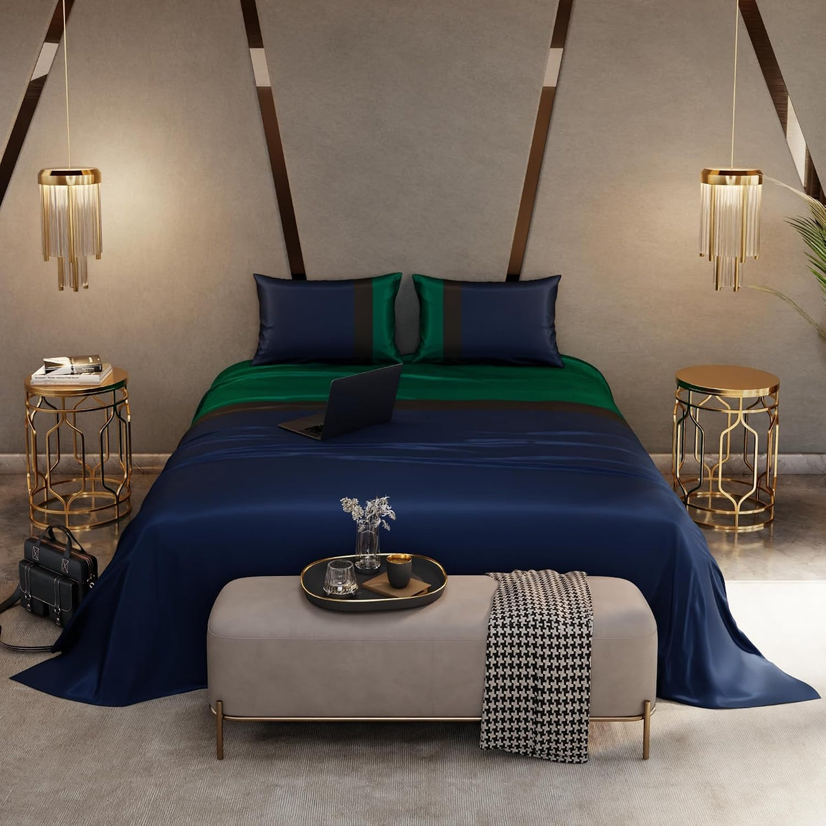 Super King Bedsheet With 2 Pillow Covers & Comforter - 108 X 108 Inches, Navy & Green | Hypoallergenic, Breathable, Gentle On Skin & Hair, Fade & Wrinkle Resistant, Wedding Gift For Couples