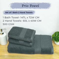 Rangoli 100% Cotton Fibre 1 Bath & 2 Hand Towel 900 Gsm | Highly Durable & Super Absorbent Towel | Skin-Friendly & Quick Drying Luxury Towels (Grey) - Pack Of 3