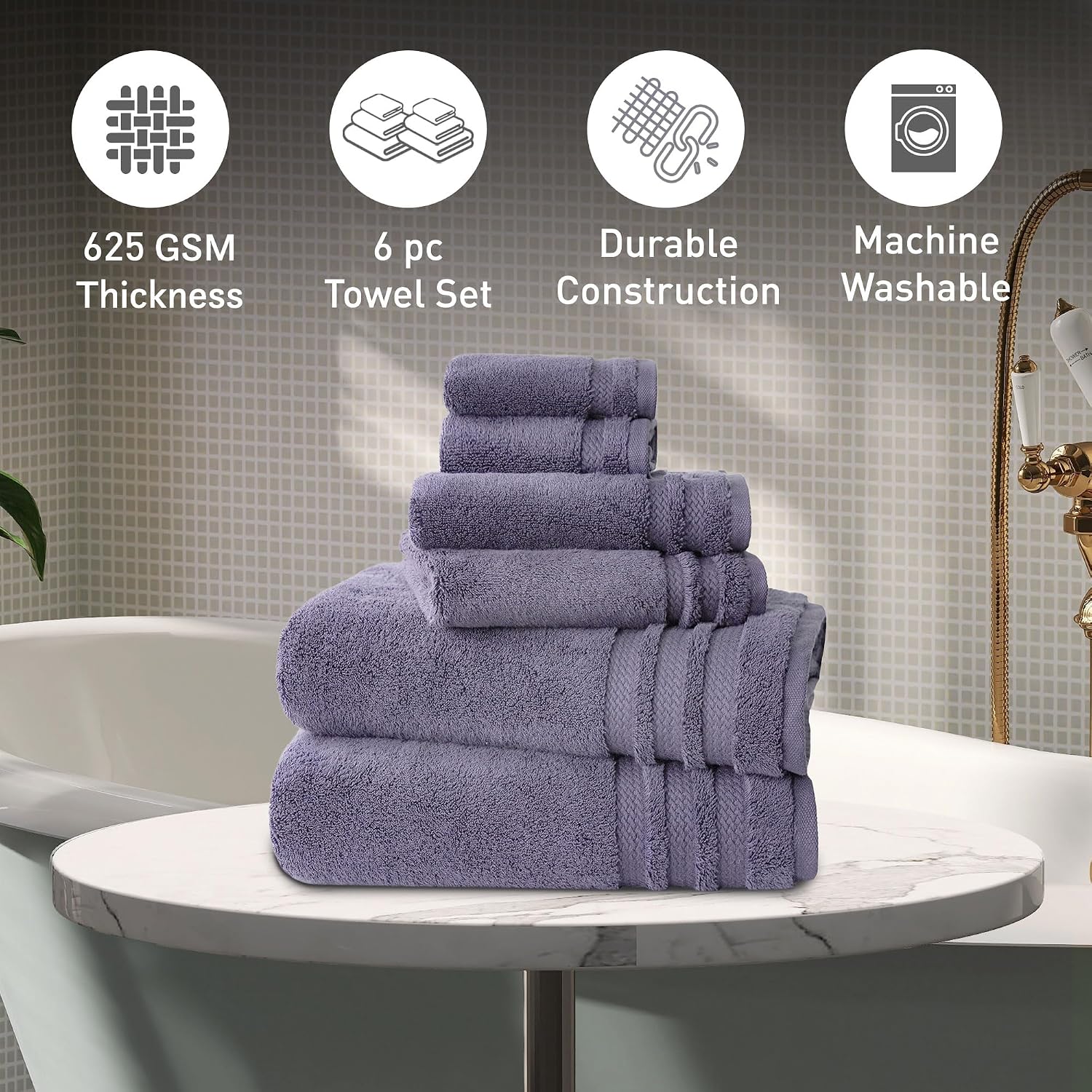 Mytrident Finesse 100% Cotton 2 Bath + 2 Hand & 2 Face Towels 1800 Gsm (Purple) -6 Piece
