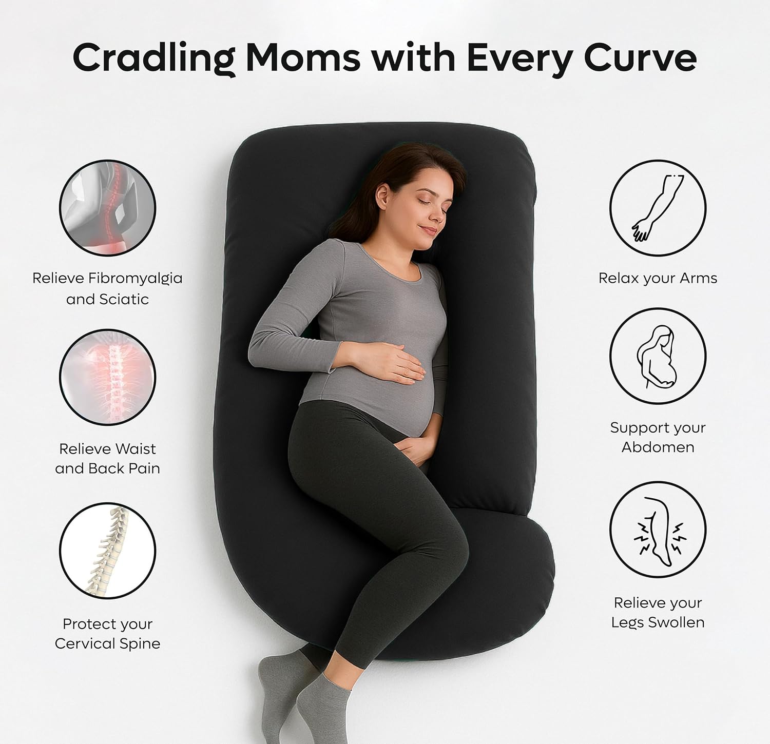 J Shape Pregnancy Pillows For Sleeping, Maternity Support, Soft Pillow, Grey | Multipurpose Pillow For Back, Hips, Support With Removable Washable Velvet Cover, Perfect For All Sleepers