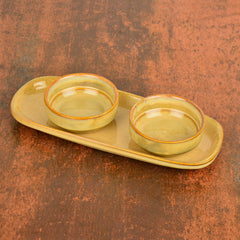 Beautiful Reflective Glaze Ceramic Dip Bowls Set Of 2 With Tray - Beige | Mini Bowls With Dash Tray - Ketchup Bowls