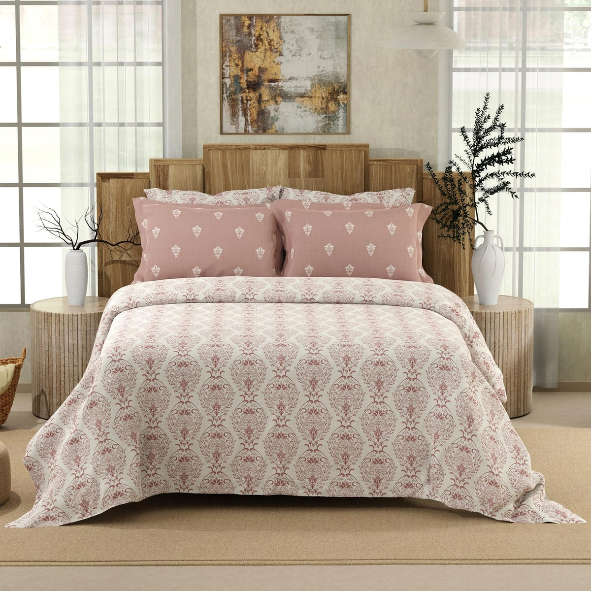 Printed Cotton Bedsheet Set With 4 Pillow Covers - 108x108 Inches, Pink & White | Ideal For Resorts, Guest Houses, & Daily Home Use-King Size Double Bed
