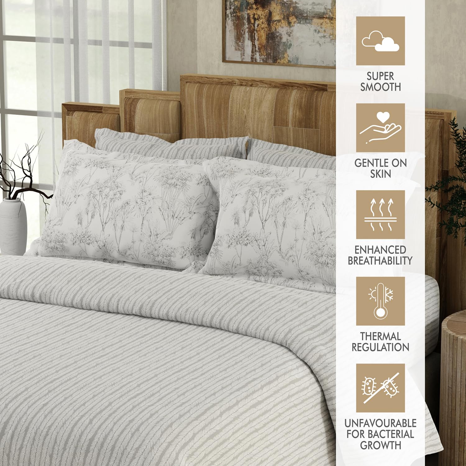Cotton Bedsheet For Double Bed King Size With 4 Pillow Cover | 108x108 Inches, White & Grey - Light Weight, All Season Comfort Bedsheet