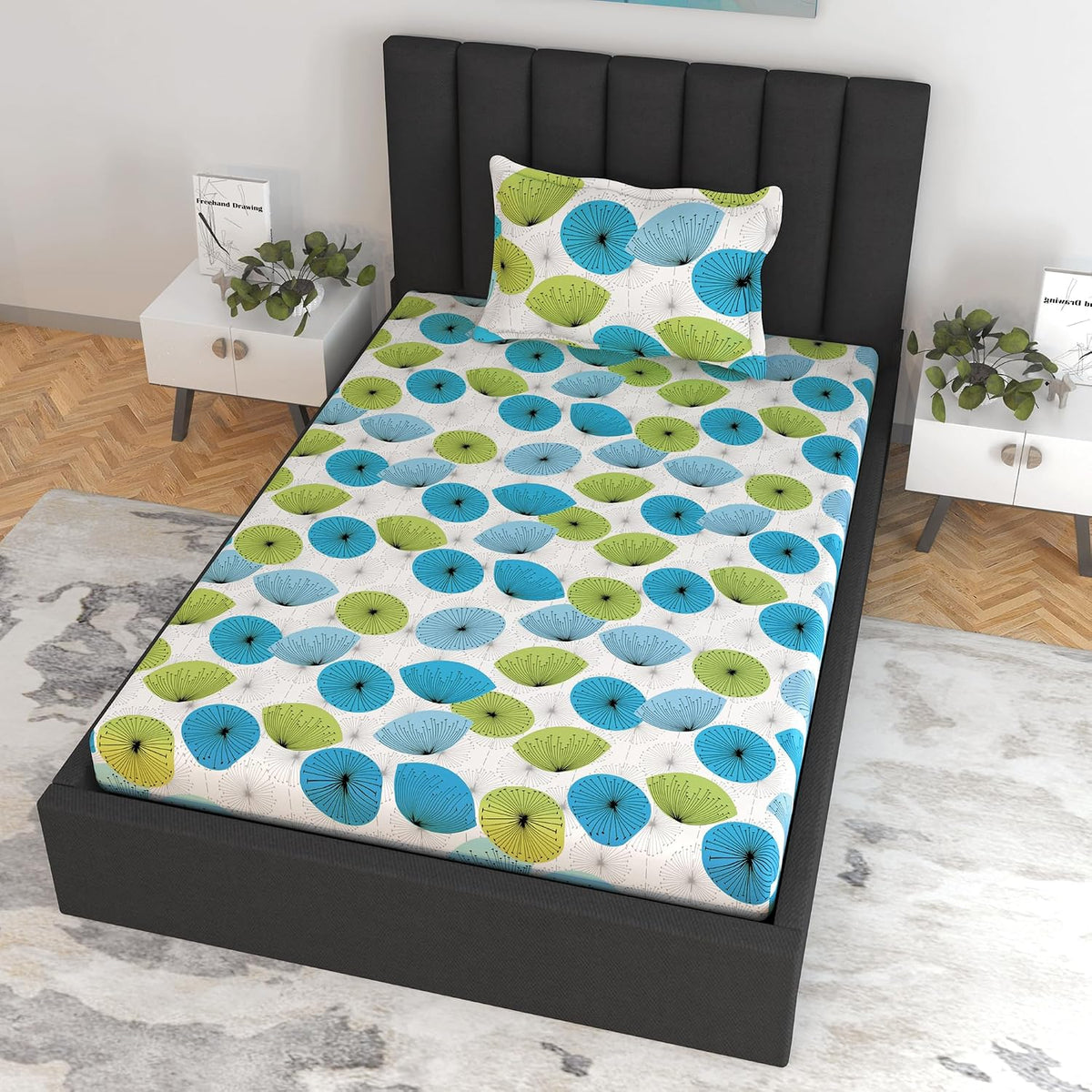Super Soft Single Fitted Bedsheet With 1 Pillow Cover | 57 X 78 + 6 Inches, Sky Blue & White - Perfect For Use In Bedrooms, Guest Rooms, Dormitories