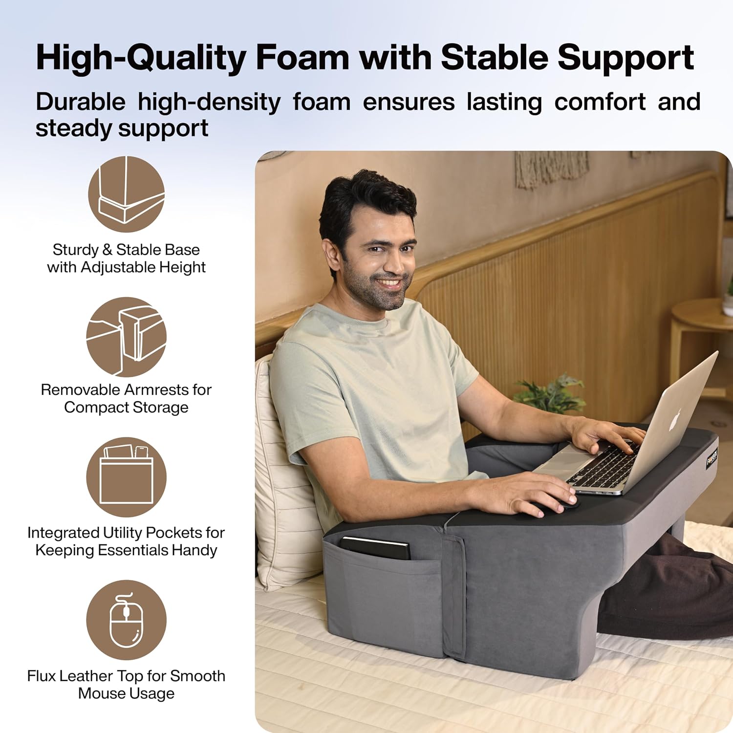 Lap Desk Pillow, Height Adjustable, Soft & Comfortable Armrest, Easy To Store, Grey | For Working On Laptop, Reading & Gaming | Work From Home Pillow | Perfect For Using On Bed, Sofa & Floor