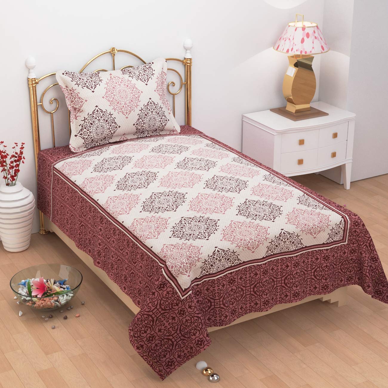 1 Single Bedsheet With 1 Large Pillow Cover - Size - 60 X 100 Inches, Maroon | Designer Printed Bedsheet Set - Naturally Soft, Breathable, & Skin Friendly
