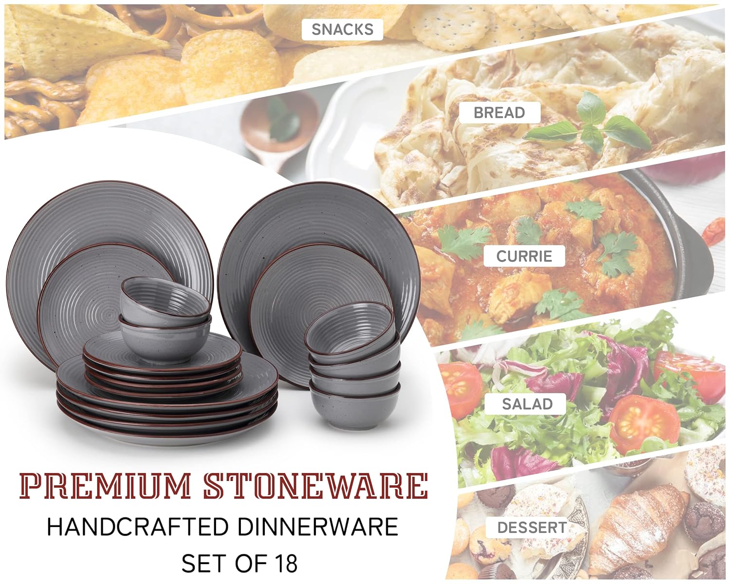 Hand Painted Ceramic Solid Dinner Set Of 18 - Grey | 6 Dinner Plates, 10 Inch Each+ 6 Small Plates, 7 Inch Each + 6 Small Dinner Bowls, 180ml Each - Microwave & Dishwasher Safe