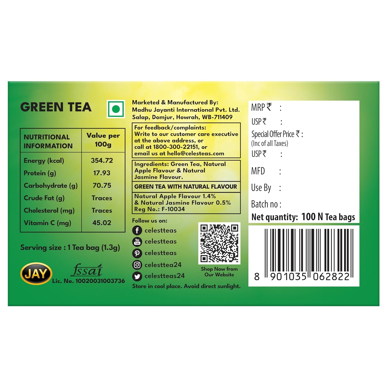 Celest Green Tea Bags - Pack Of 2 X 100 Enveloped Tea Bags | Helps Boost Metabolism, Zero Calories, Manage Waistline - Green Tea For Weight Loss