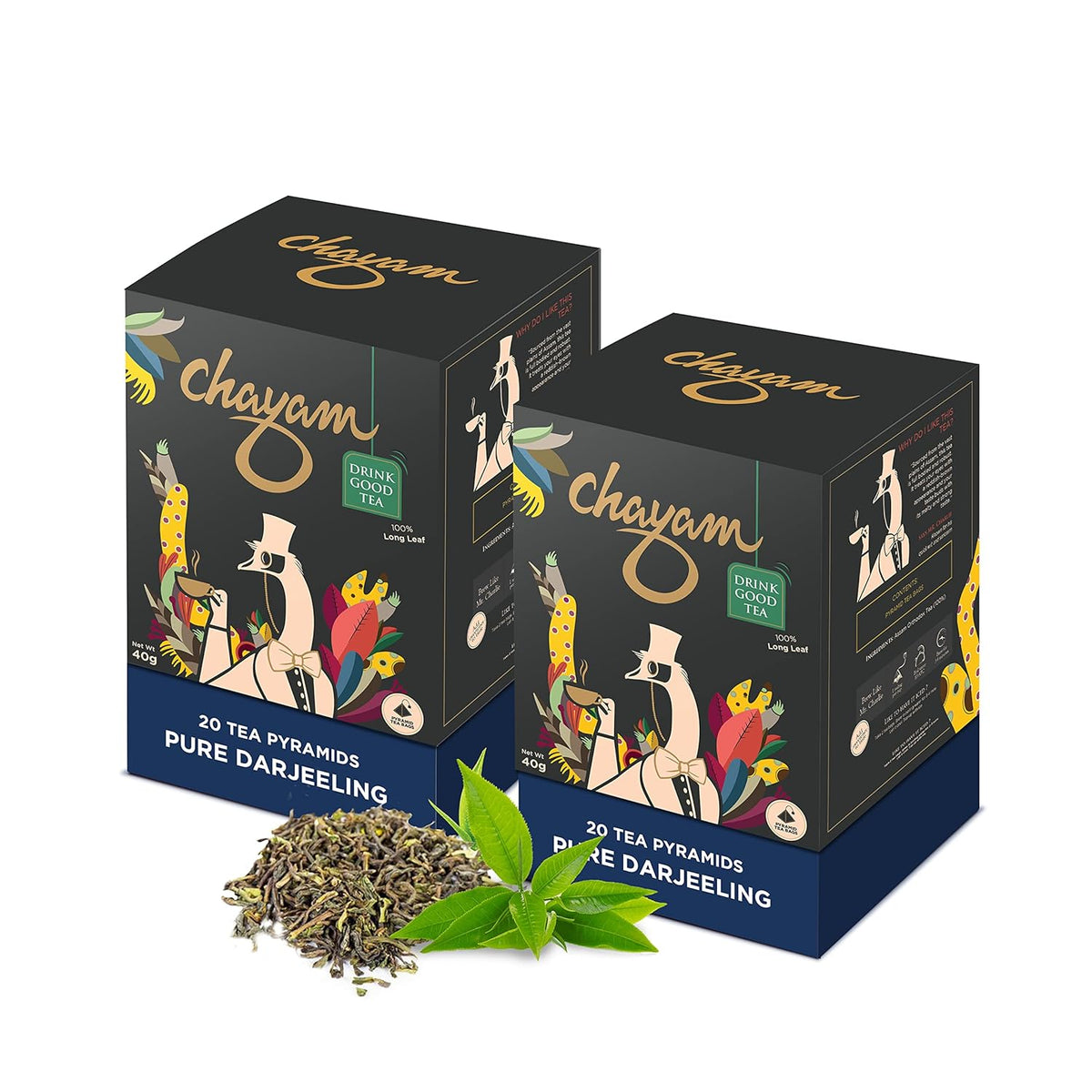 Chayam Pure Darjeeling Tea - Pack Of 2 X 20 Pyramid Tea Bags | Premium Whole Leaf Black Tea - Make Iced Or Hot Tea | Low Caffeine, Gluten Free