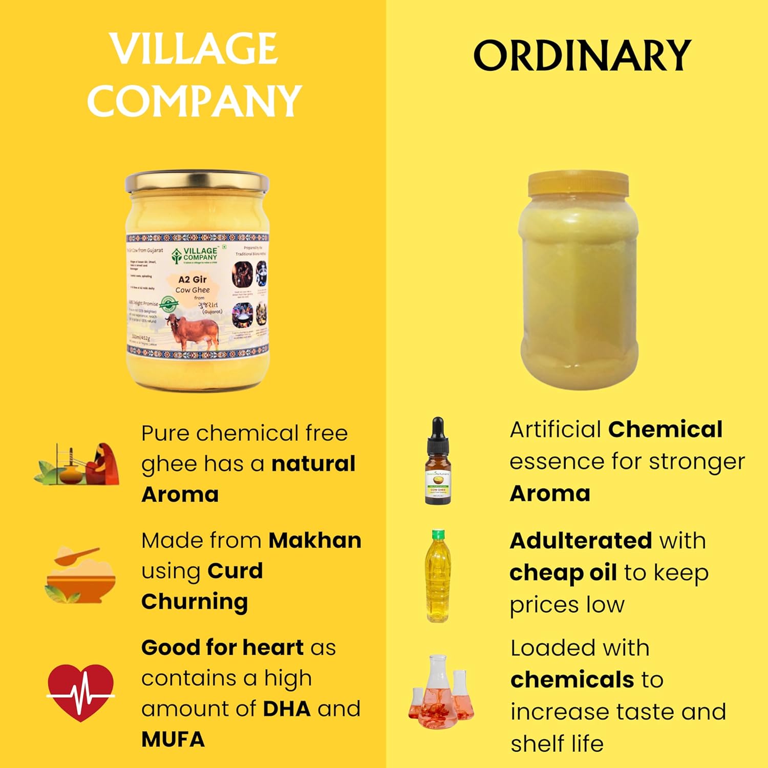 Premium A2 Cow Desi Ghee By Village Company | Rich In Nutrients Calcium & Iron Pure Healthy Desi Cow Ghee For Weight Loss | 5 Litr (1 Litr * 5) 169.0 Ounce | Jar Pack