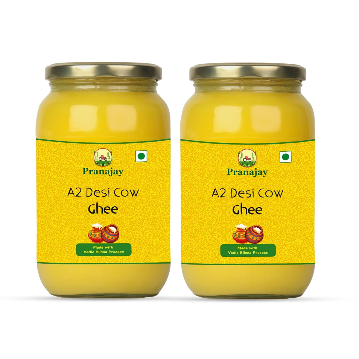 Premium A2 Desi Cow Ghee By Pranajay | Highly Nutritious & Healthy Vedic Bilona Method Desi Ghee Good For Baking | 1 Litre (500ml * 2) 33.8 Ounce | Jar Pack