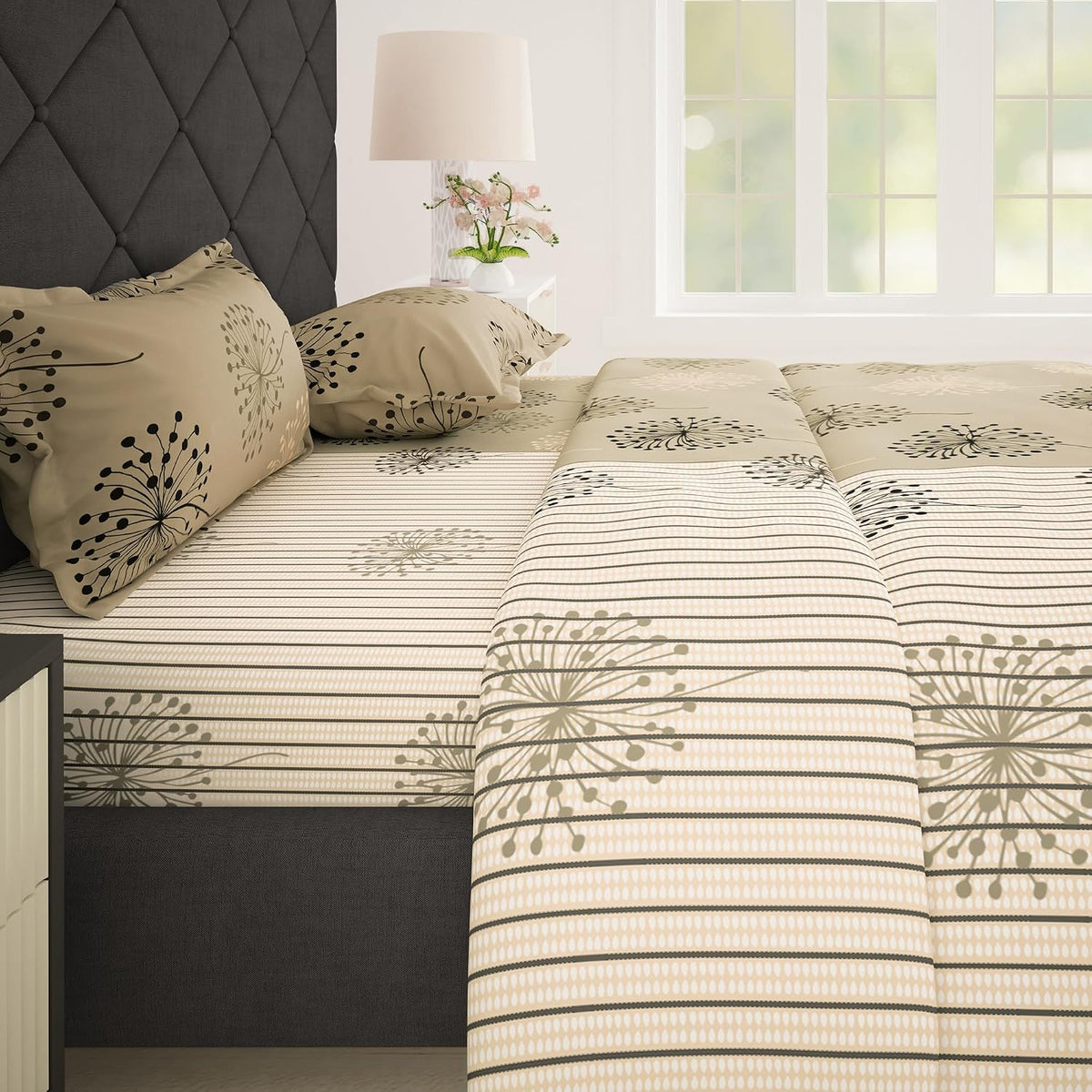100% Cotton Elastic Fitted Double Bedsheet For Queen Size 2 Pillow Cover - 88 X 100 Inches, Beige | Perfect For Festive Gifting | Durability & Long-Lasting Use