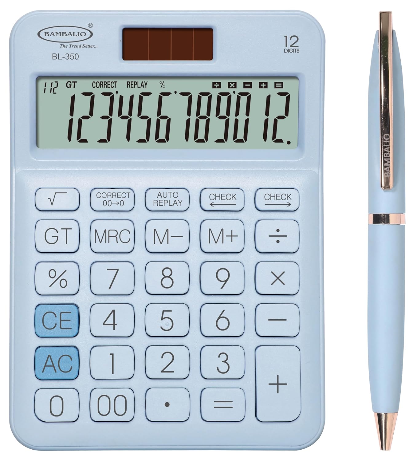 Bambalio Set Of Elegant Calculator & Pen Blue | 12 Digits-large LC Display ,112 Steps Check And Correct | 3 Years Warranty - For Use School, Office, Study, Travel, Daily Use